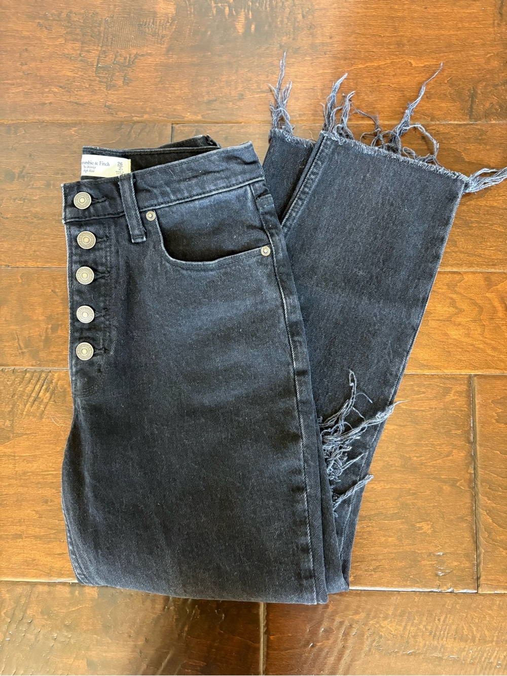 Abercrombie & Fitch Black High-Rise Button-Fly Raw Hem Jeans